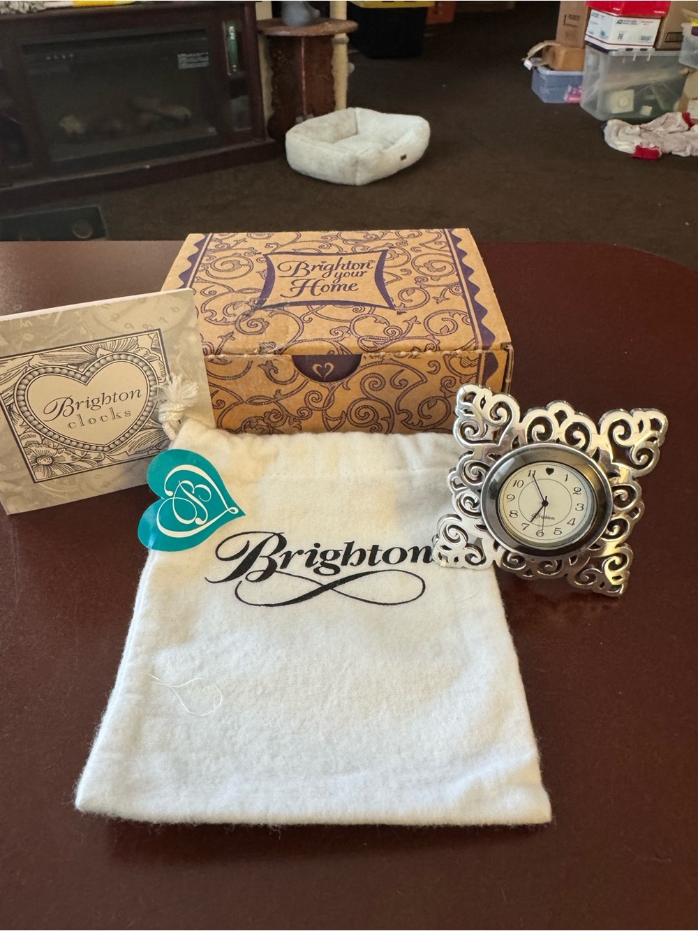 Brighton Silver Filigree Miniature Clock with White Pouch